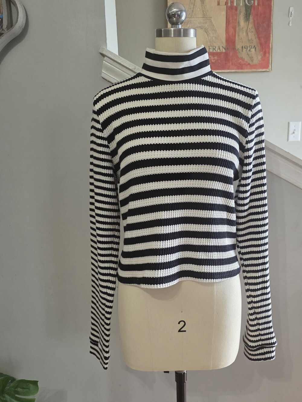 Aerie Striped Top Mock Neck Long Sleeves Black Size XL